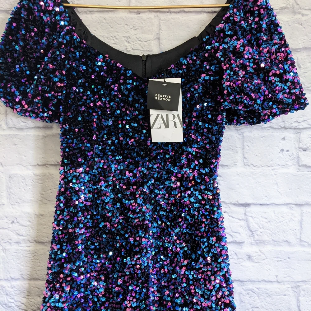 Zara Purple Blue Sequin Puff Sleeve Cocktail Dress - Picture 6 of 8